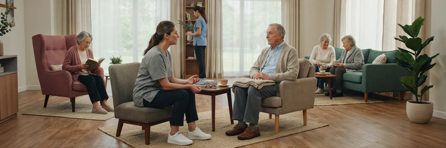 An older adult and a caregiver in a bright, comfortable care-facility common room