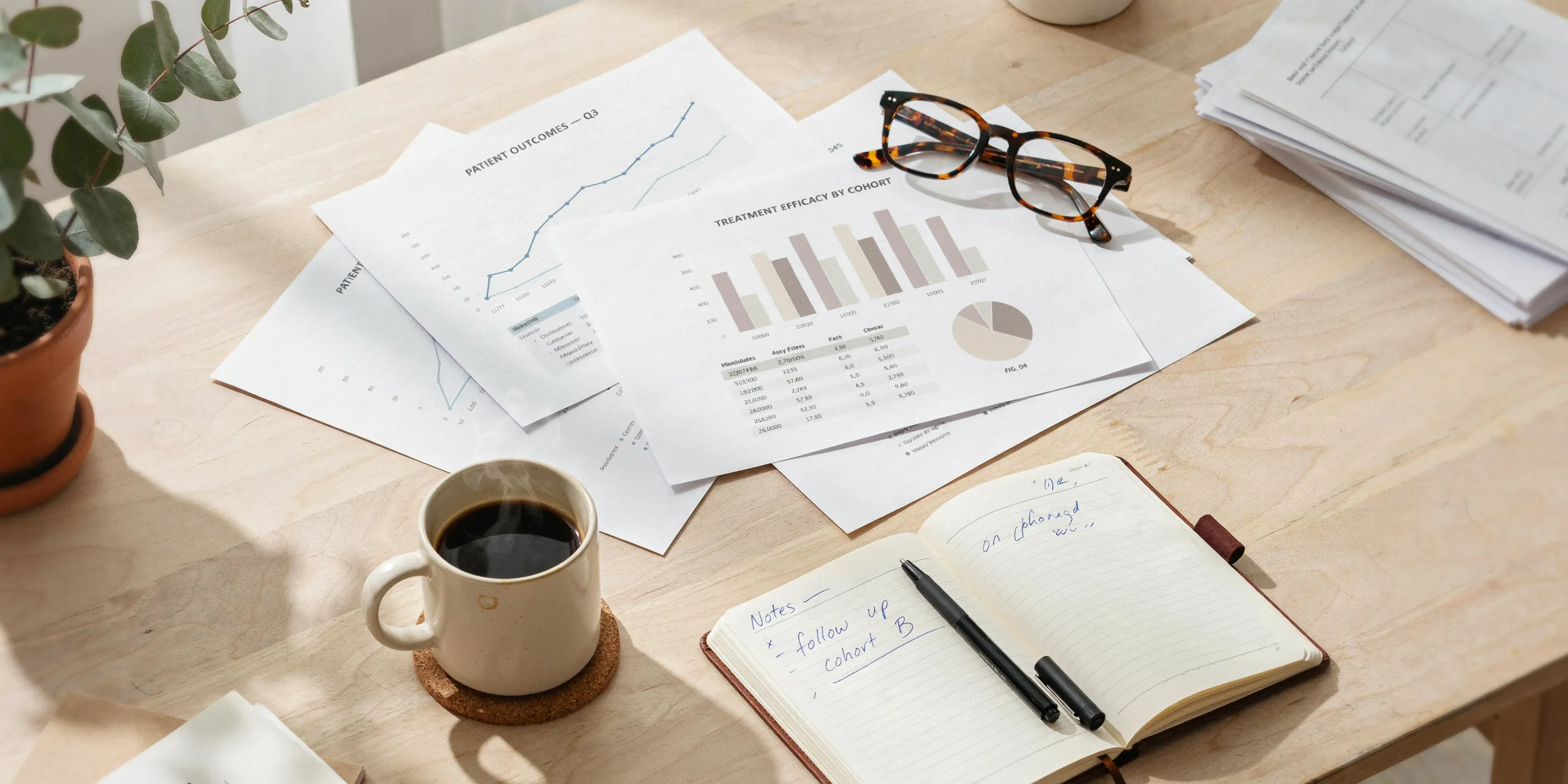 Printed data charts and reading glasses on a desk